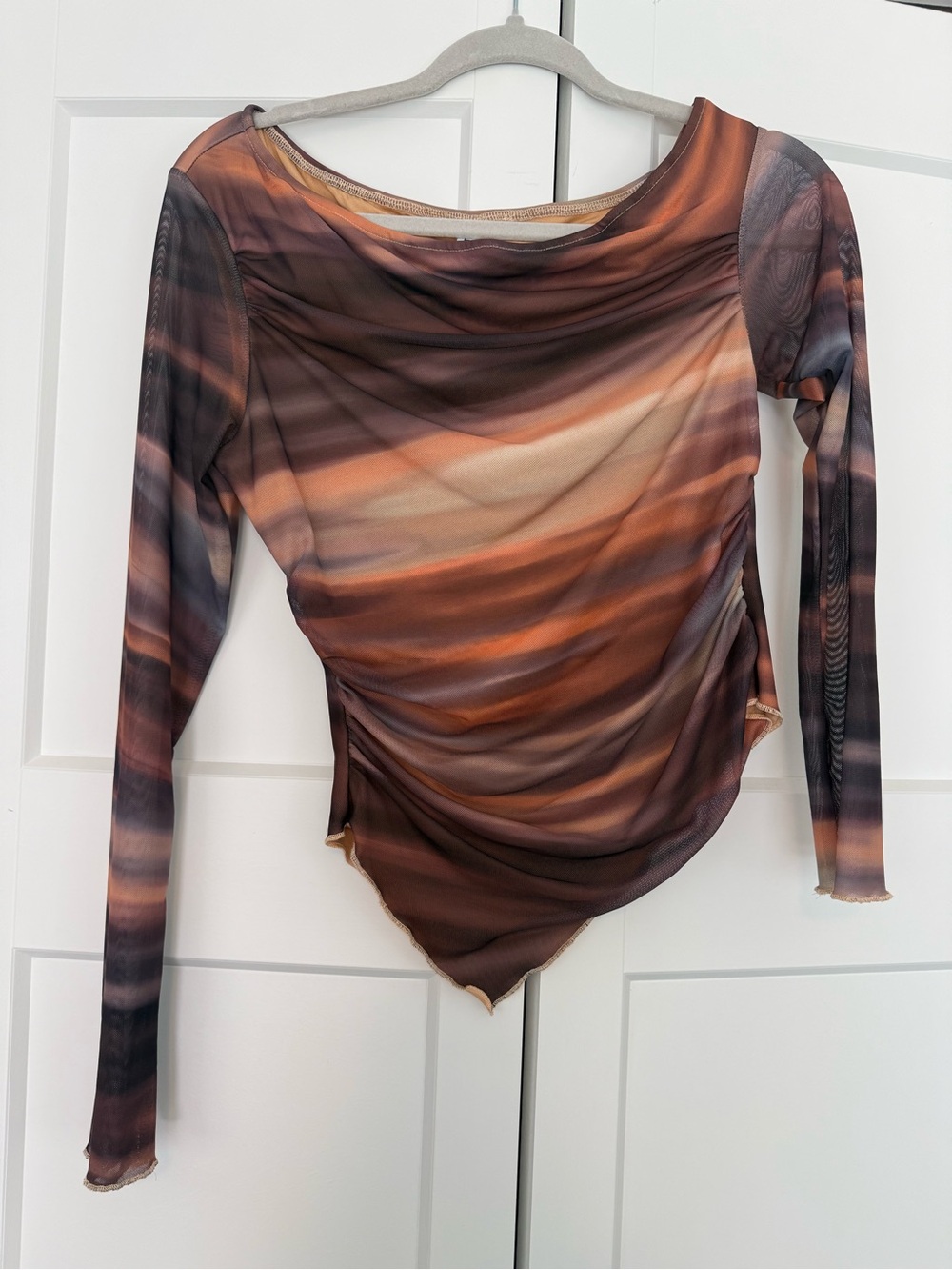 Ruched Sheer Long-Sleeve Top in Brown Gradient